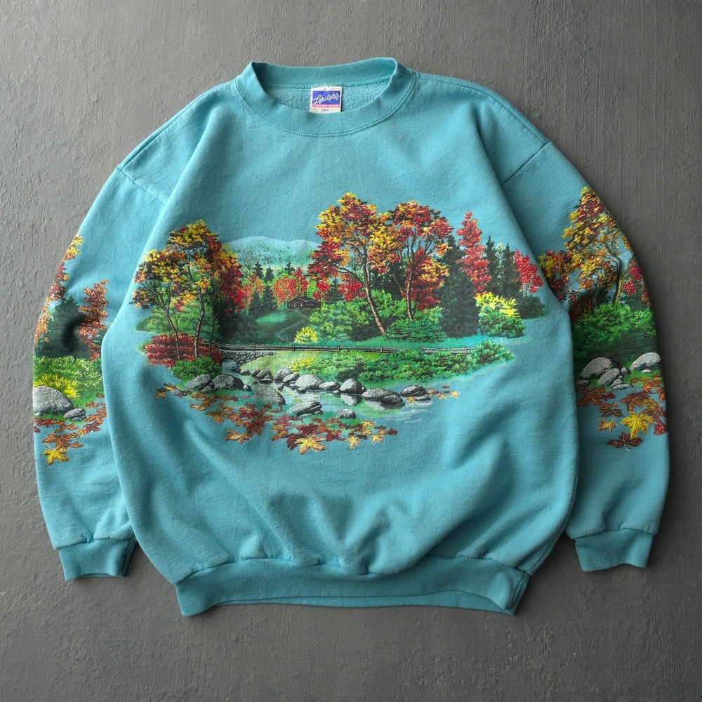 Vintage 90s Lifestyles Teal Nature Graphic Sweatshirt Large Made in USA